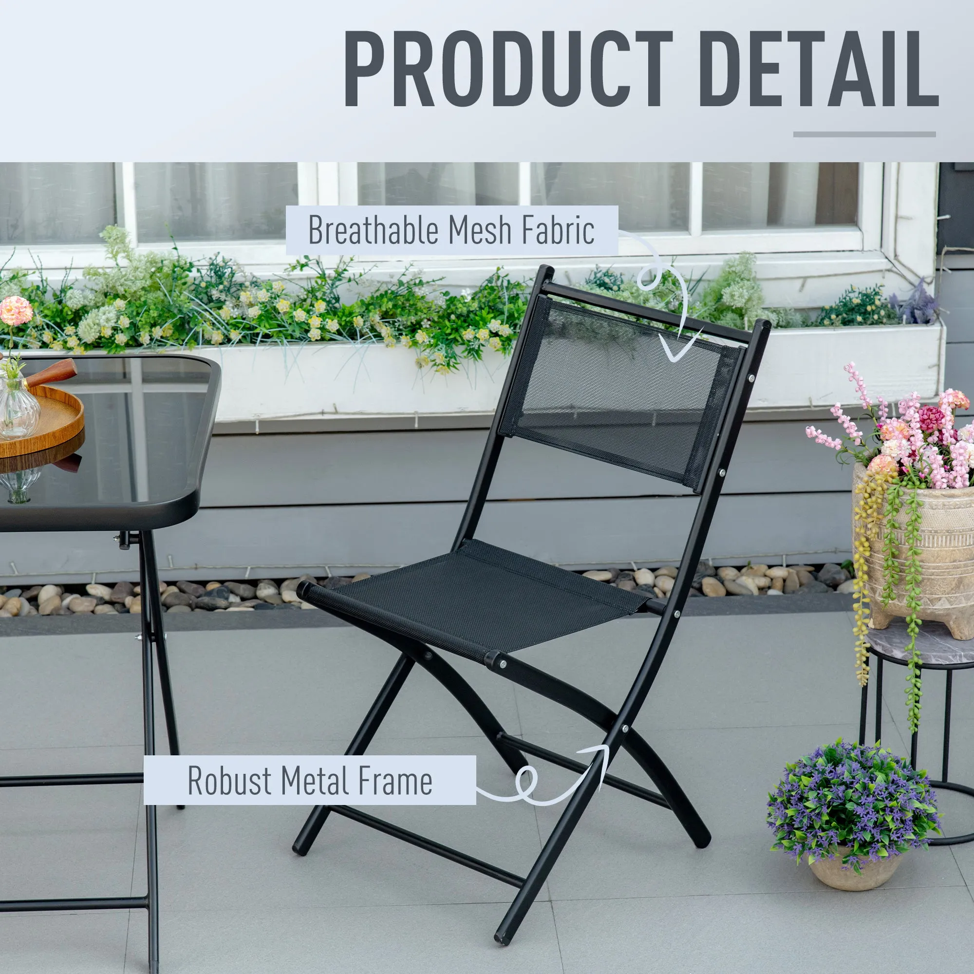 3 Pieces Patio Table and Chairs, Folding Patio Table and 2 Chairs, Outdoor Furniture Set for Backyard and Porch, Black