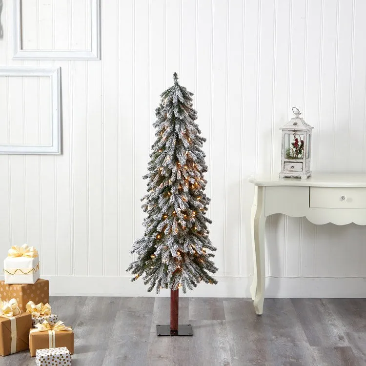 5' Flocked Grand Alpine Artificial Christmas Tree with 200 Clear Lights and 469 Bendable Branches on Natural Trunk