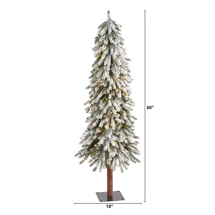 5' Flocked Grand Alpine Artificial Christmas Tree with 200 Clear Lights and 469 Bendable Branches on Natural Trunk