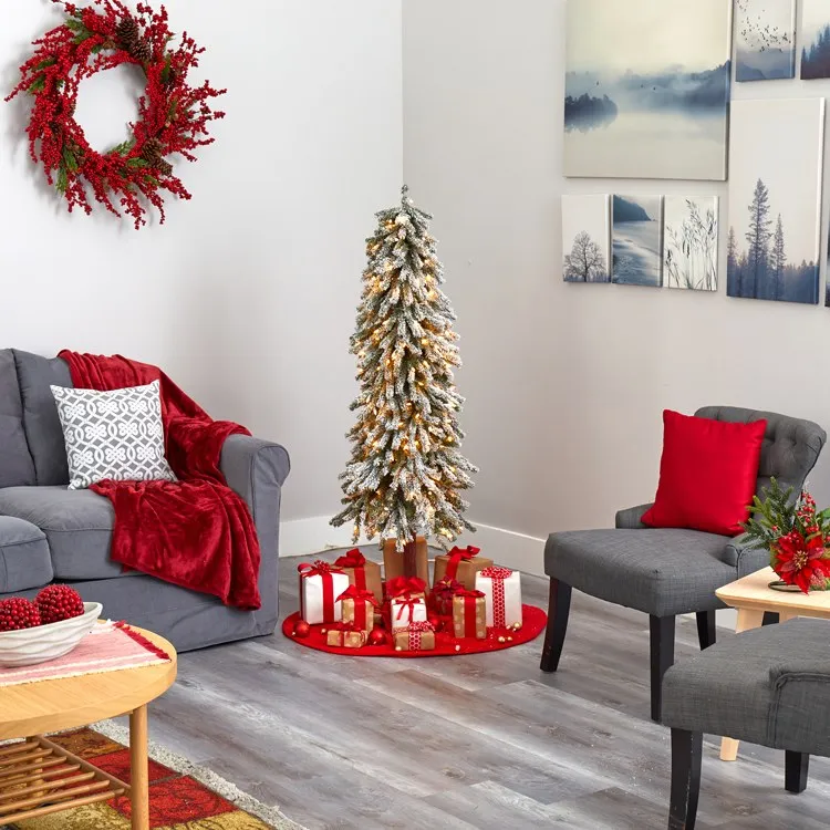 5' Flocked Grand Alpine Artificial Christmas Tree with 200 Clear Lights and 469 Bendable Branches on Natural Trunk