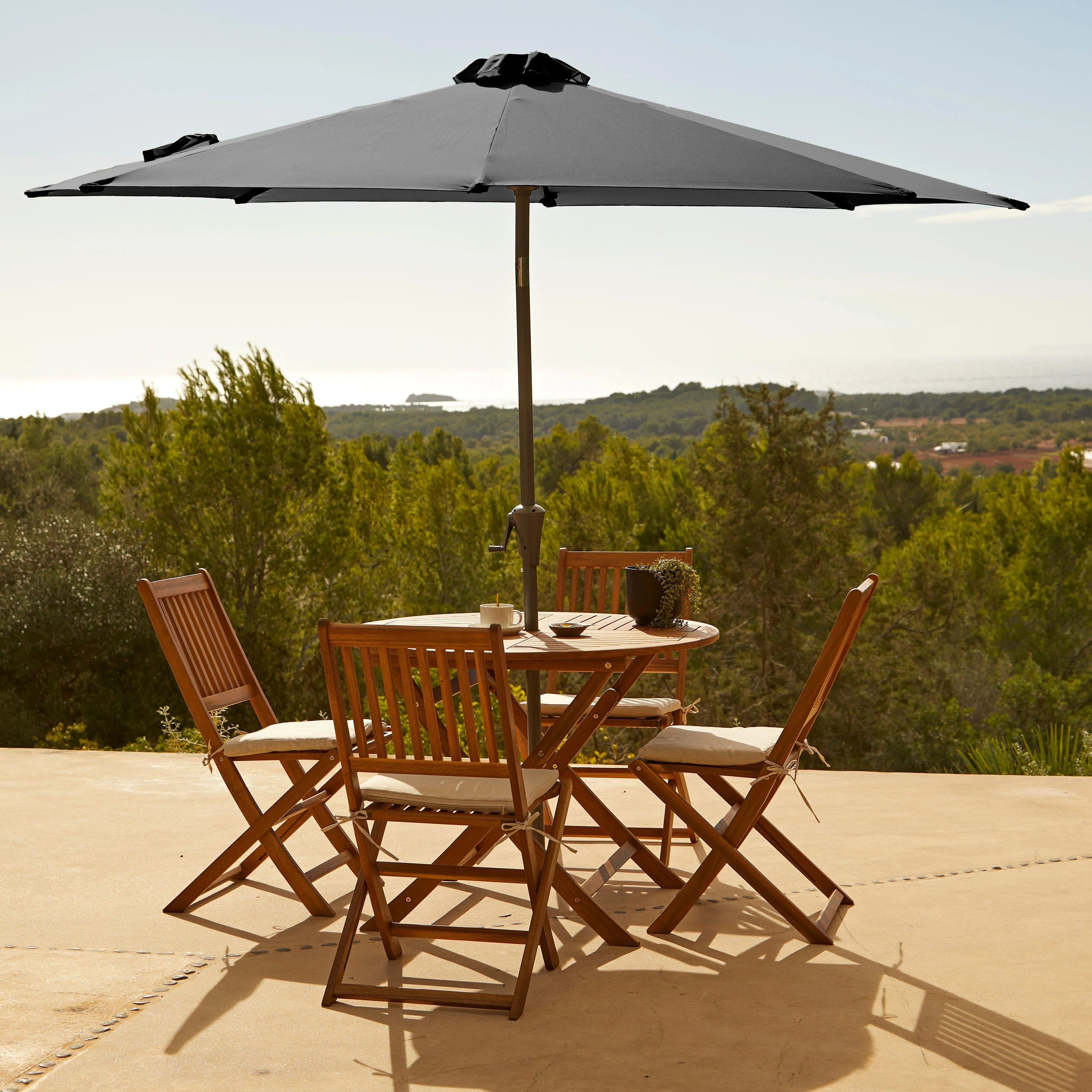 Ashby 4 Seater Round Wooden Garden Armchair Dining Set with Grey LED Premium Parasol  - 100cm