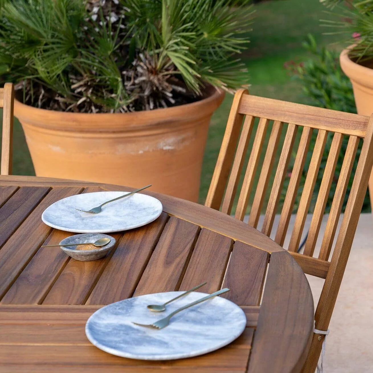 Ashby 4 Seater Round Wooden Garden Armchair Dining Set with Grey LED Premium Parasol  - 100cm