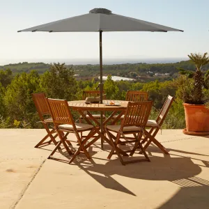 Ashby 6 Seater Round Wooden Garden Dining Set with Arms & Grey LED Premium Parasol  - 130cm