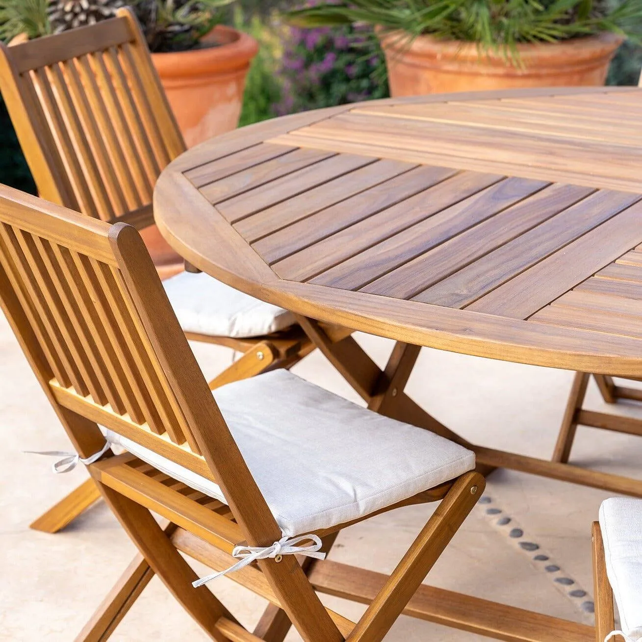 Ashby 6 Seater Round Wooden Garden Dining Set with Arms & Premium LED Cream Parasol - 130cm