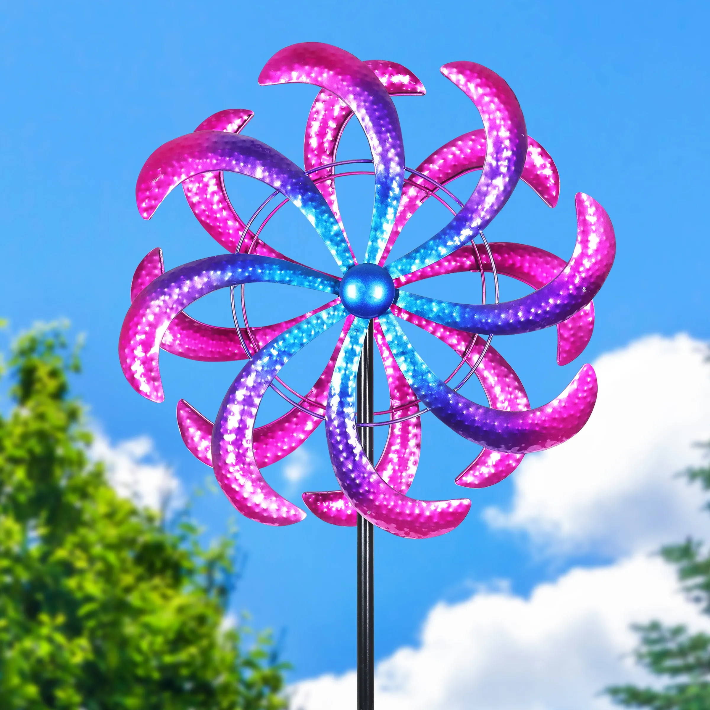 Colorful Double Metal Spinner Metallic Pinwheel Garden Stake, 18 by 70 Inches