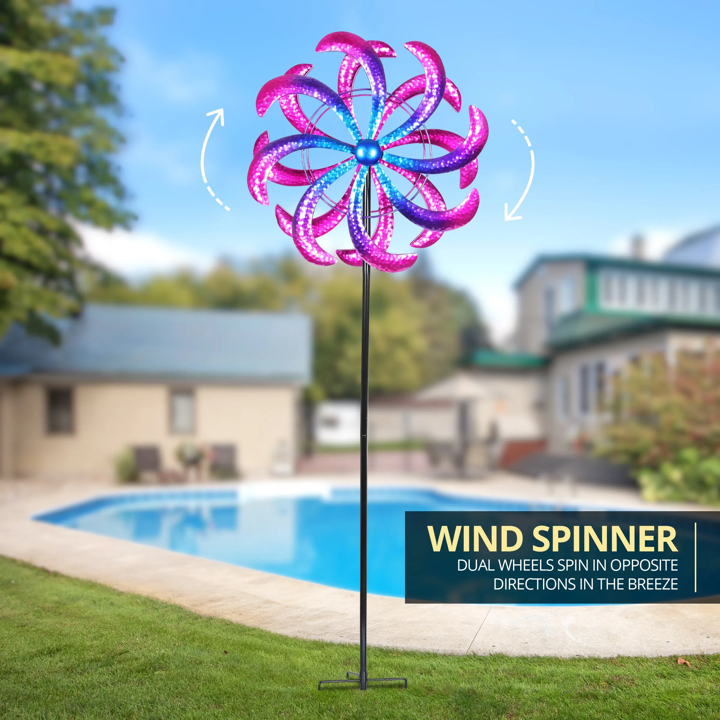 Colorful Double Metal Spinner Metallic Pinwheel Garden Stake, 18 by 70 Inches