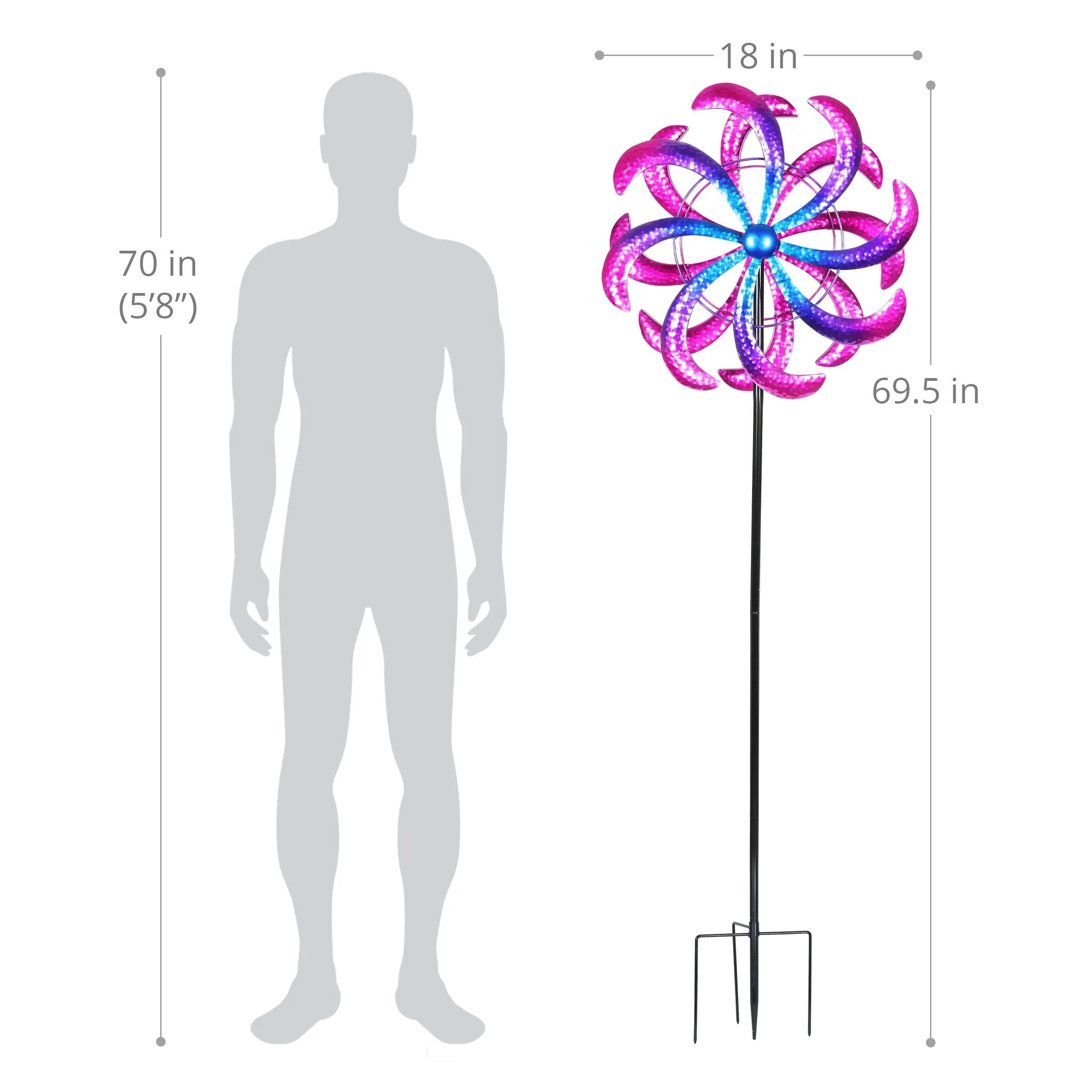 Colorful Double Metal Spinner Metallic Pinwheel Garden Stake, 18 by 70 Inches
