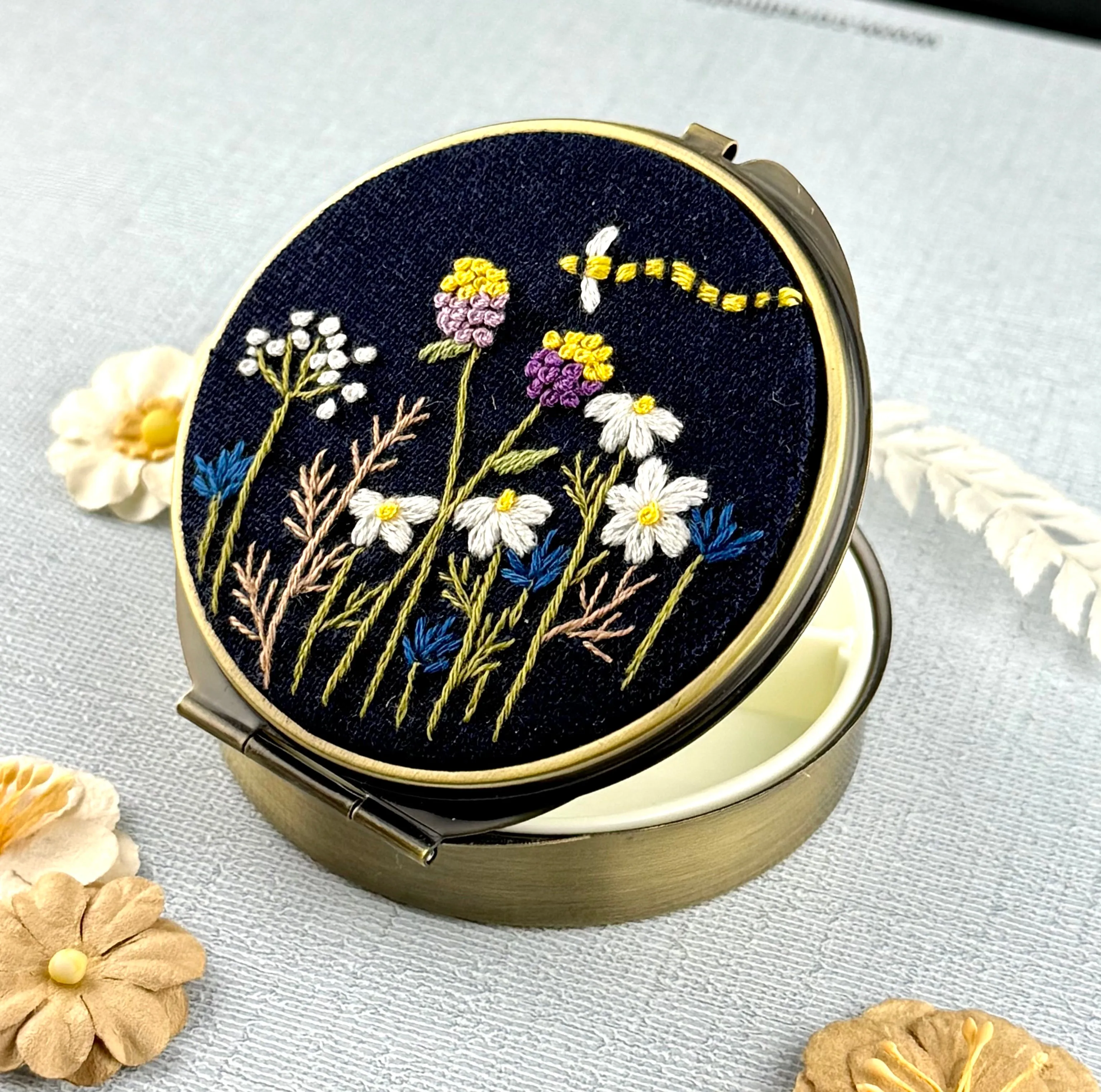 Embroidered Pill/Jewelry Container - Flower Garden