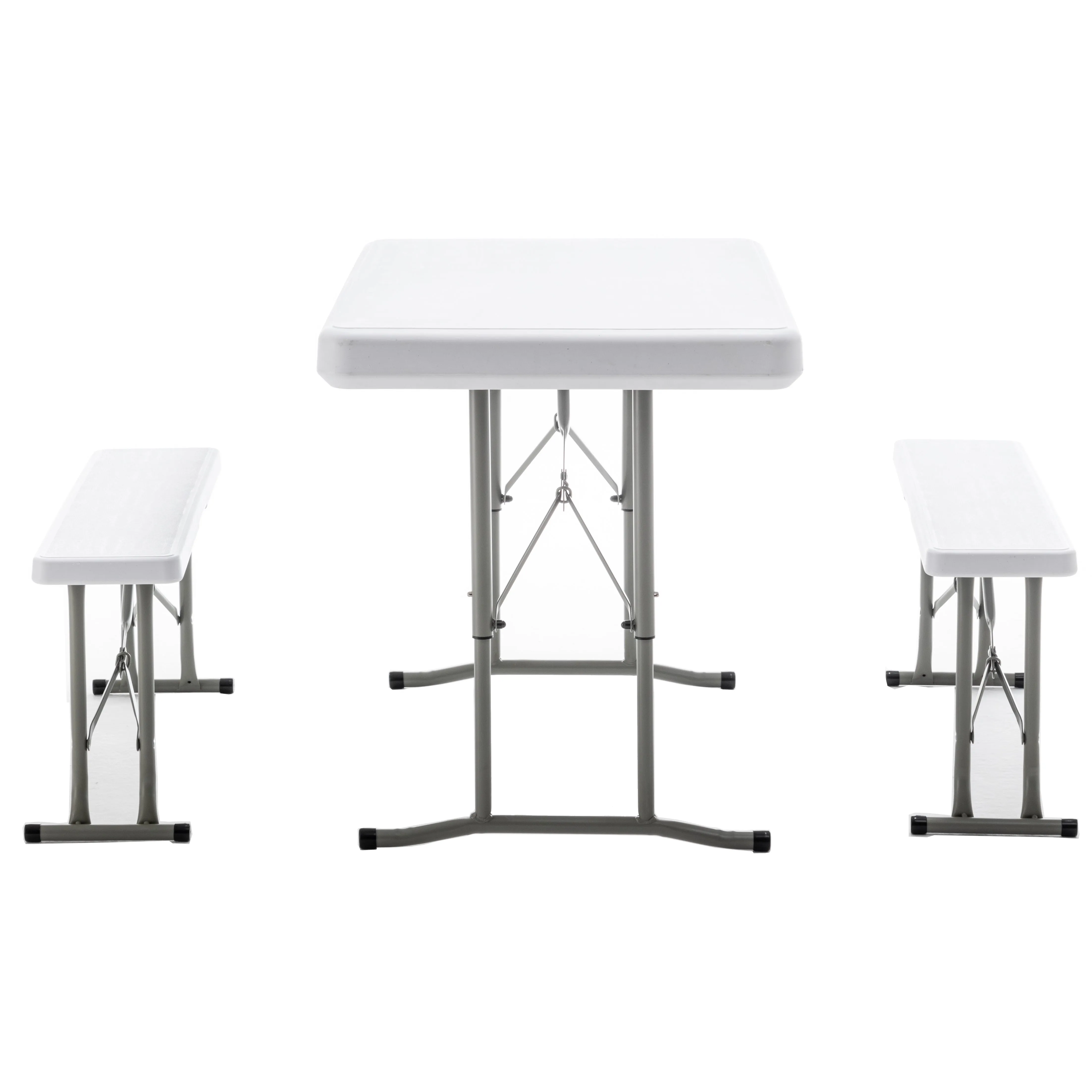 Heavy Duty Plastic Portable Folding Beer Picnic Table & two Benches Seats foldable Carrying Handle White Party RV Patio Dining Event Camping Outdoor Activity Commercial Family Home Garden