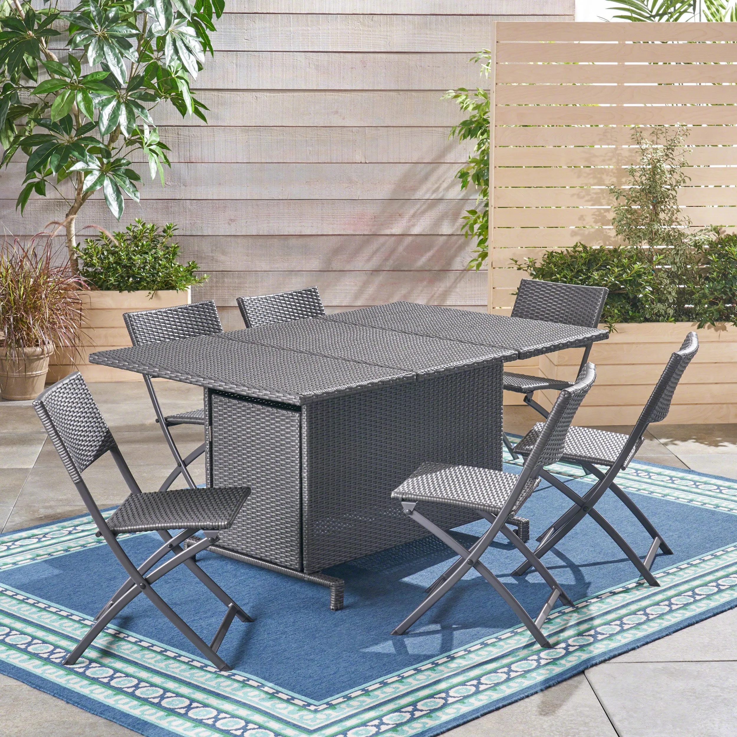Jerry Outdoor 7 Piece Foldable Wicker Dining Set