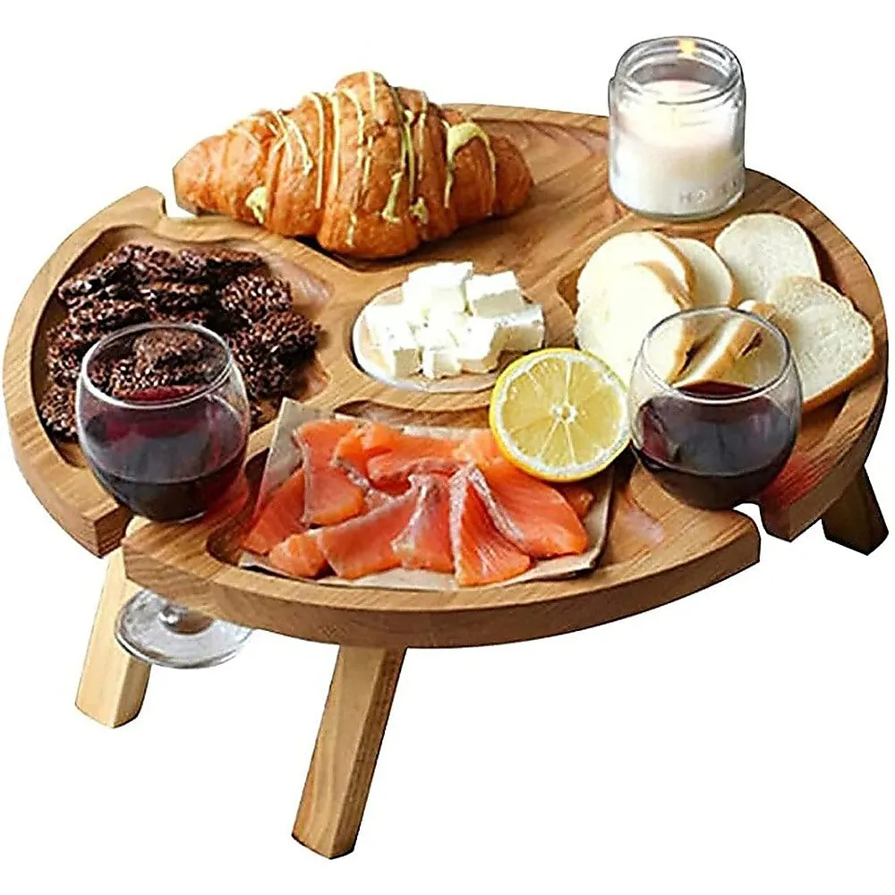 Portable Folding Wooden Picnic Table with Wine Rack