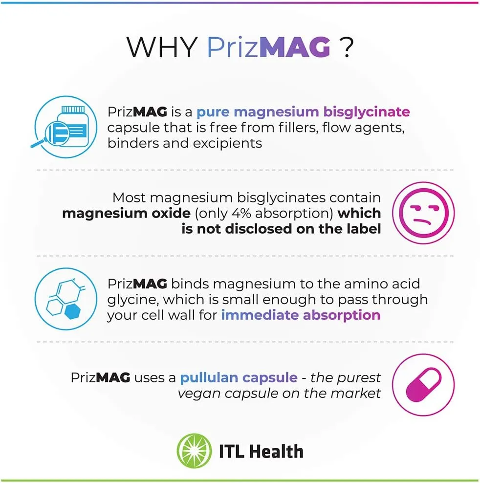 PrizMag Magnesium Bigylcinate 90 - Digestive Health & Sleep Support Formula