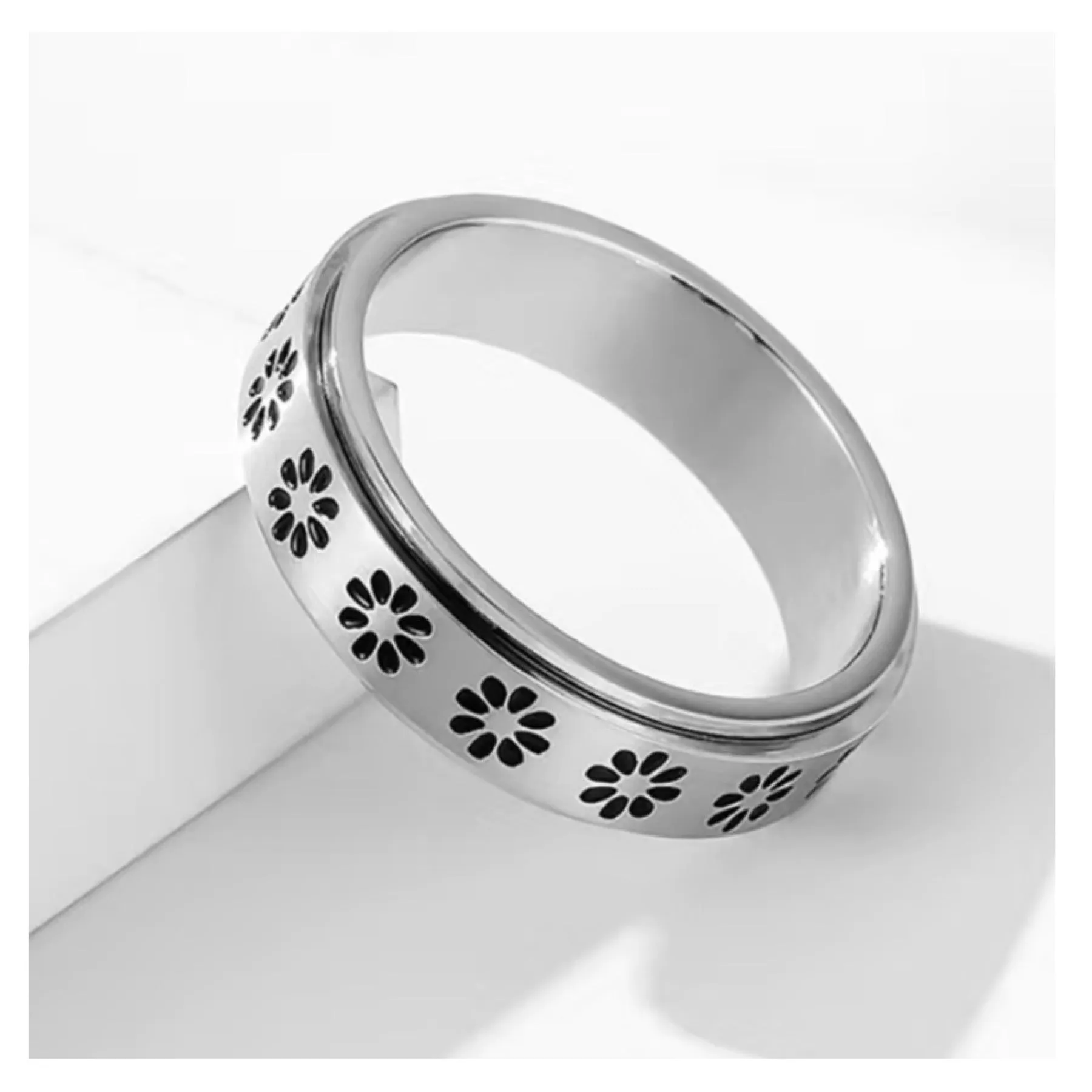 Silver Flower Anxiety Fidget Spinner Ring