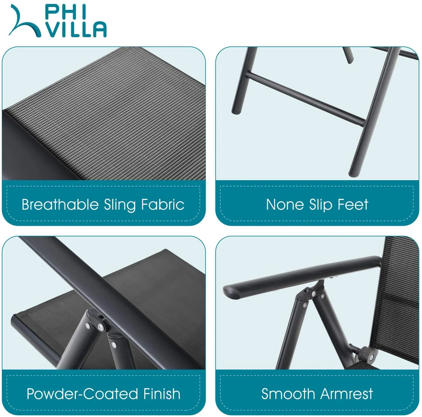 Sophia & William Pre-assembled Aluminum & Steel Frame Reclining Folding Sling Chair, Set of 2