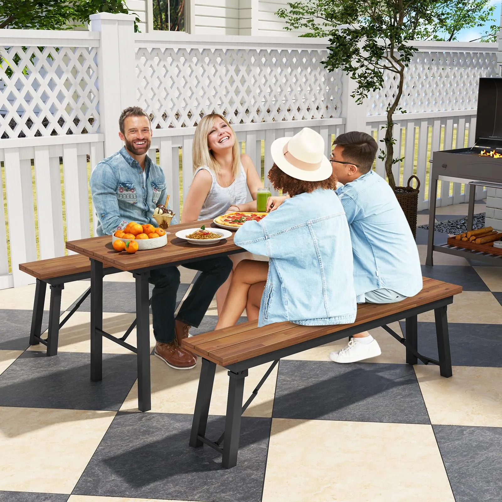 Tangkula Outdoor Dining Table With Benches for 4-6 Persons, No Assembly