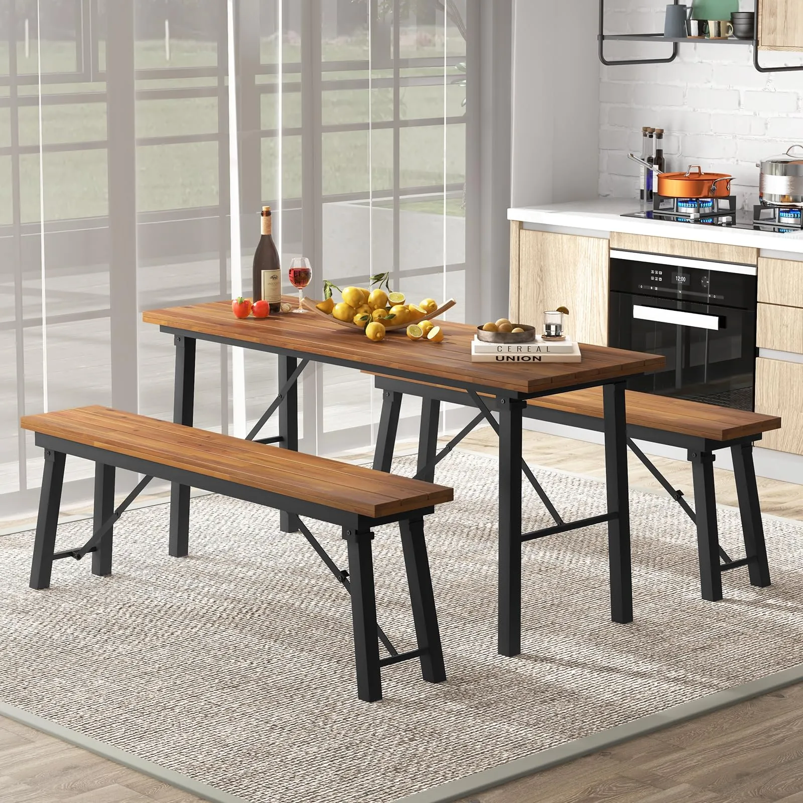 Tangkula Outdoor Dining Table With Benches for 4-6 Persons, No Assembly