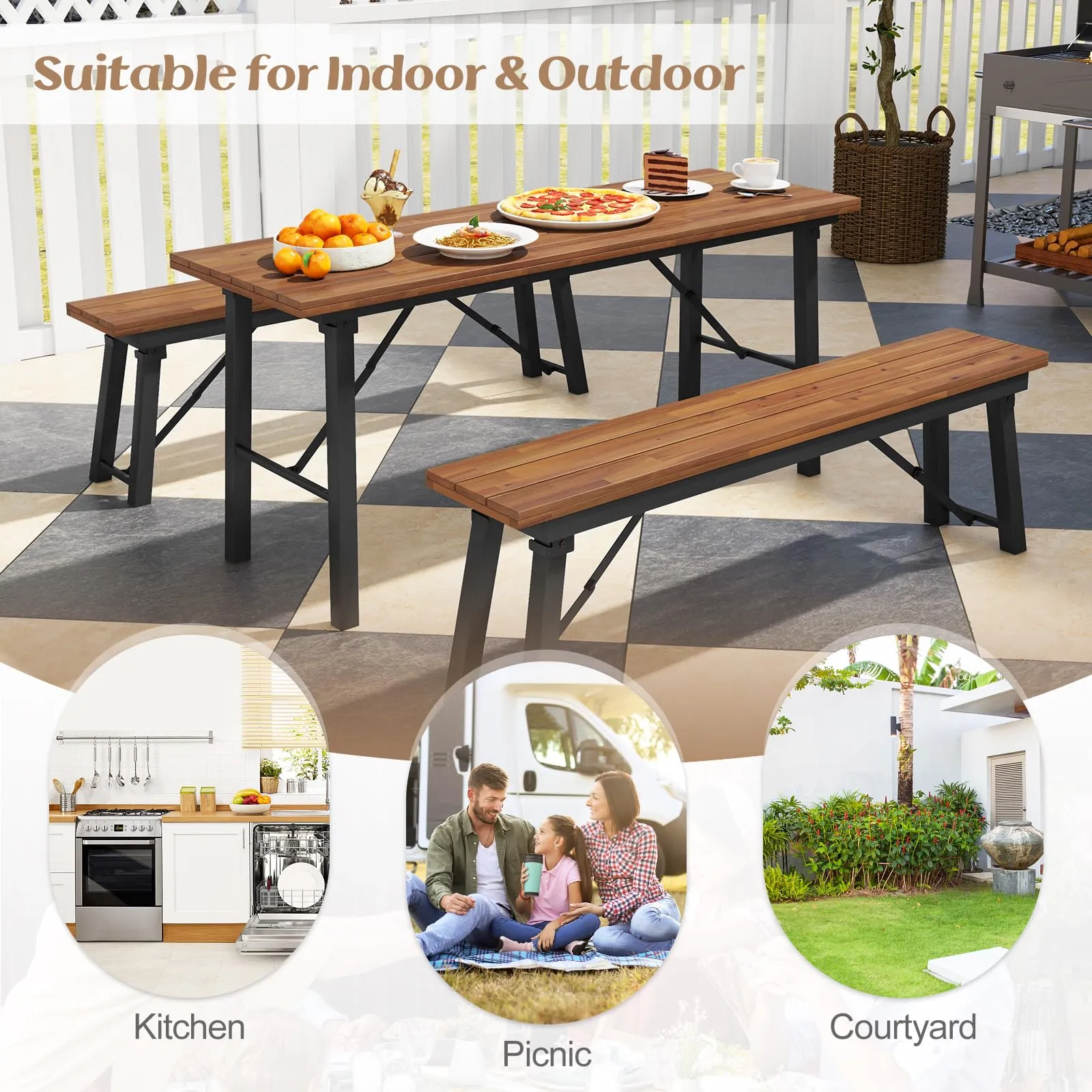 Tangkula Outdoor Dining Table With Benches for 4-6 Persons, No Assembly