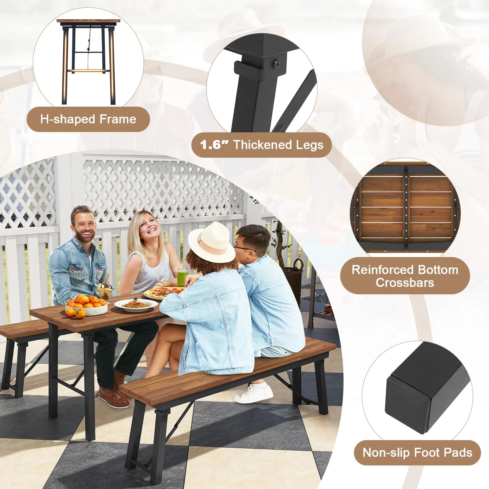 Tangkula Outdoor Dining Table With Benches for 4-6 Persons, No Assembly