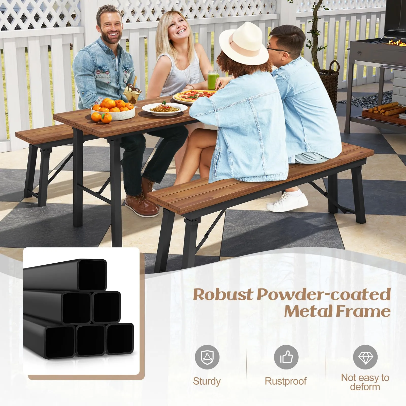 Tangkula Outdoor Dining Table With Benches for 4-6 Persons, No Assembly