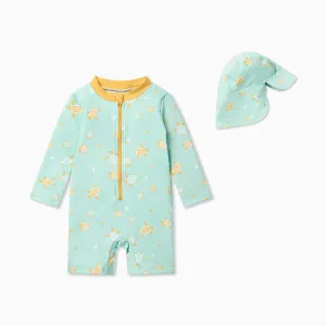 Turtle One Piece Rashguard & Swim Hat Set