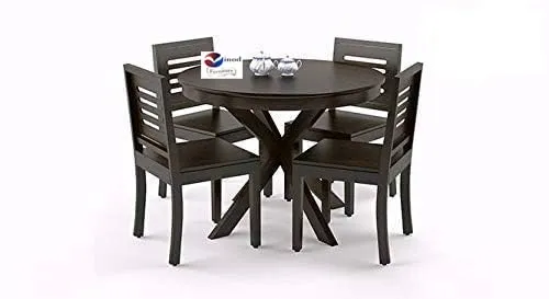 VINOD FURNITURE HOUSE Wood Round Dining Table 4 Seater | Round Table with 4 Chairs Set | Round Dining Table 4 Seater Wooden | 4 Seater Dining Table Set | Dining Room Furniture | Walnut