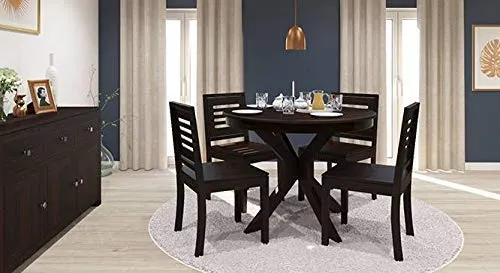 VINOD FURNITURE HOUSE Wood Round Dining Table 4 Seater | Round Table with 4 Chairs Set | Round Dining Table 4 Seater Wooden | 4 Seater Dining Table Set | Dining Room Furniture | Walnut