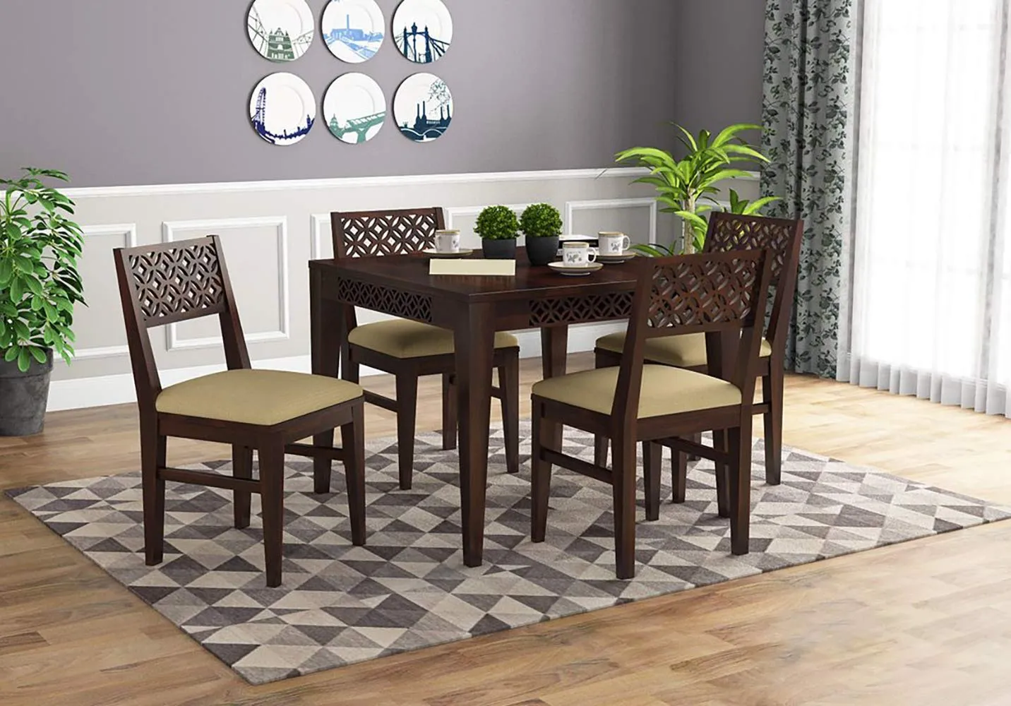 Wood Prints Sheesham Wood Square 4 Seater Dining Table Set with 4 Cushion Chairs (Walnut Finish)