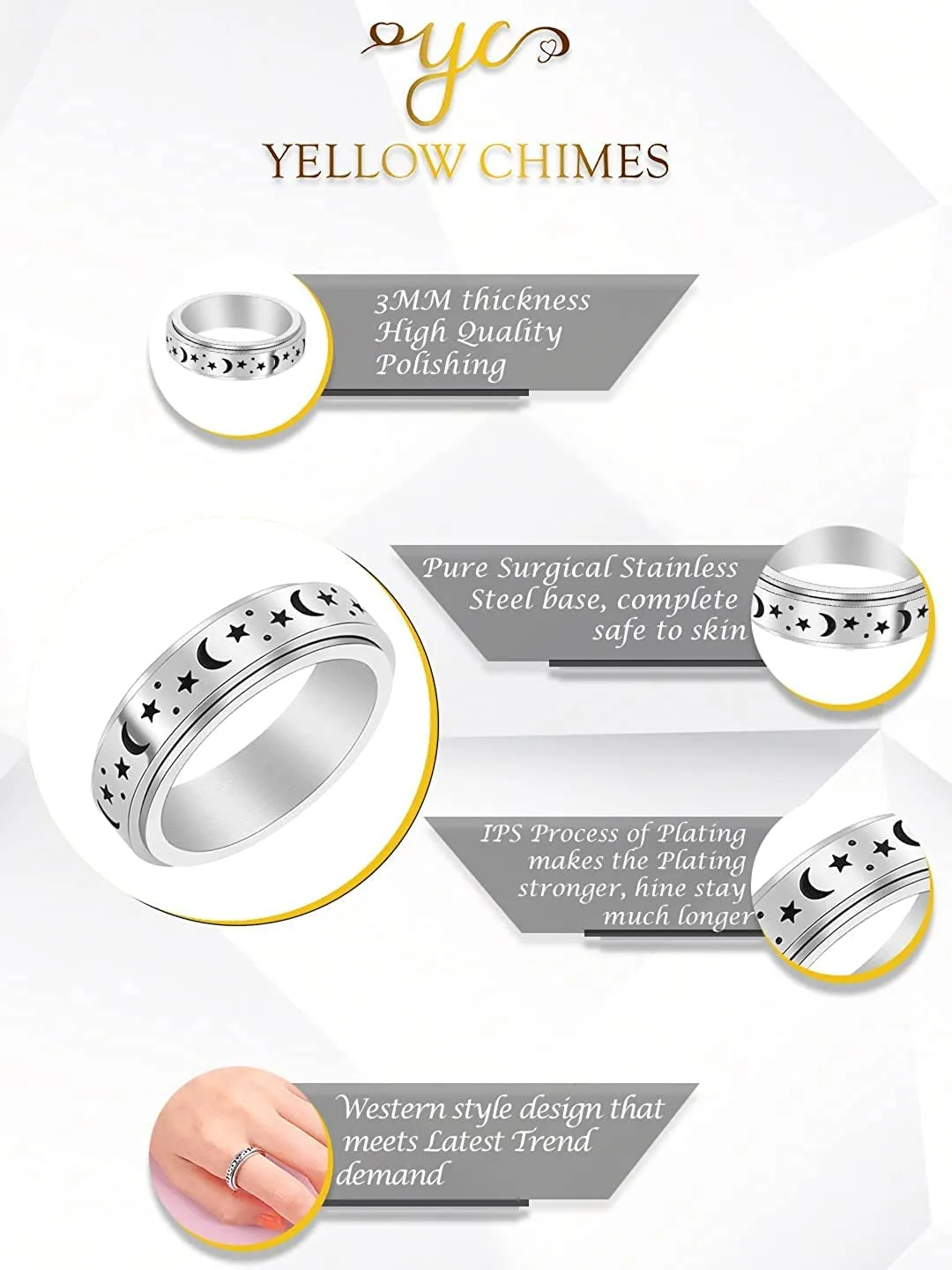 Yellow Chimes Spinner Rings For Women Silver Plated Stainless Steel Stress Relieving Rotatable Spinner Ring for Women and Girls